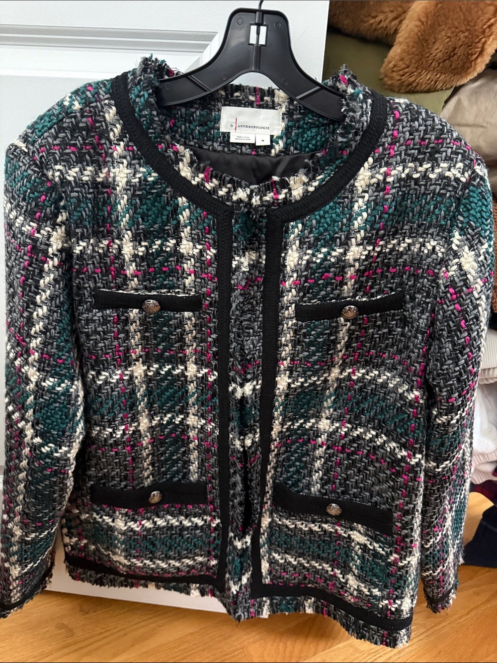 Anthropologie Textured Tweed Blazer in Black, Green & Cream with Pink Accents